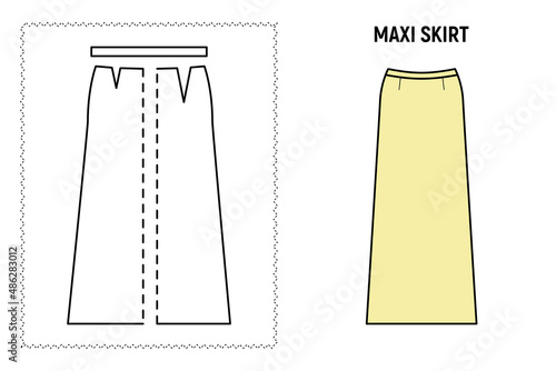 Women maxi skirt pattern. Technical drawing for sewing.