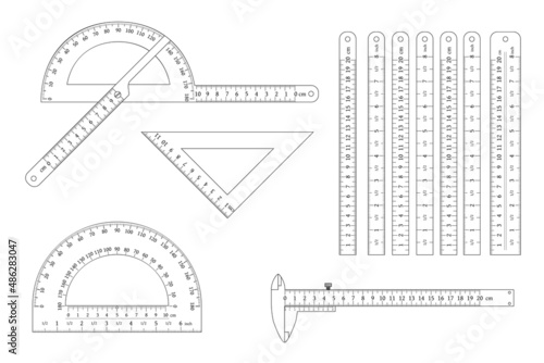 protractor, ruler straight and angular, vernier caliper outline set.
