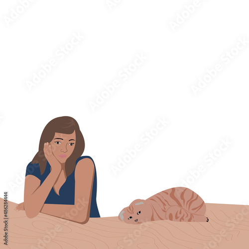 Cartoon young beautiful long brown hair woman is Sitting at table,bored with cat. Cute girl has Anorexia-cachexia syndrome.Lady with healthy foods.Vector flat design idea concept Loss of Appetite photo