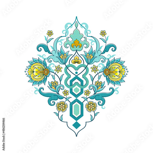 Vector element, arabesque. Luxury ornament in Eastern style. Turquoise floral illustration. Mandala.