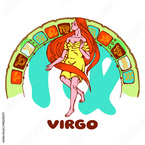 Virgo horoscope. Colorful illustration of a girl on the background of a semicircle with zodiac symbols. Quarterly calendar design