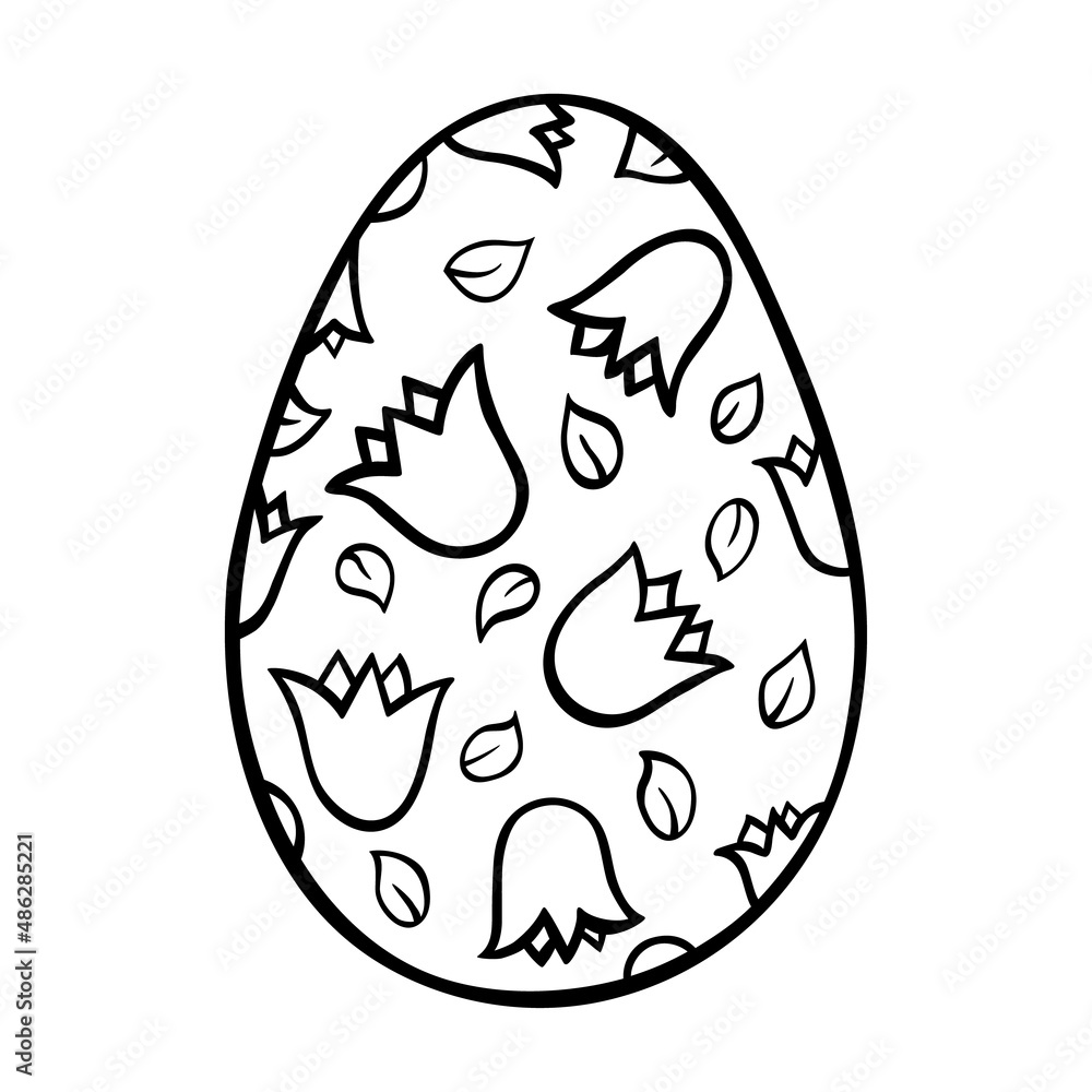 Easter egg isolated on white. Hand drawn black outline sketch in doodle style with bell flowers and leaves pattern. Single vector element for spring holiday design, cute baby print, greeting card. Easter egg isolated on white. Hand drawn black outline sketch in doodle style with bell flowers and leaves pattern. Single vector element for spring holiday design, cute baby print, greeting card.