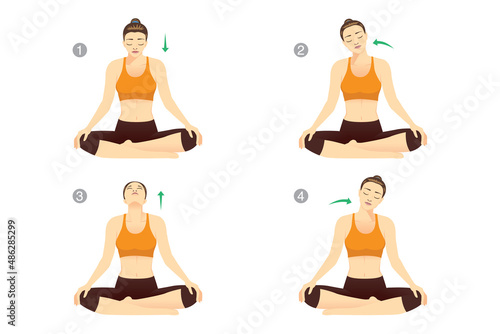 Woman is sitting cross legged and doing Neck Rolls to stretch neck muscles. Illustration about relaxing body for reduces pain.