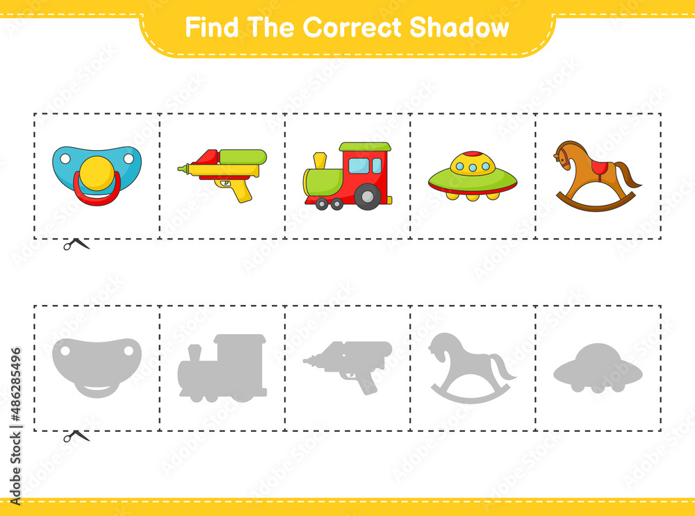Find the correct shadow. Find and match the correct shadow of Train, Ufo, Pacifier, Water Gun, and Rocking Horse. Educational children game, printable worksheet, vector illustration