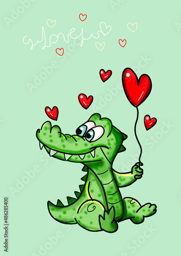 an adorable crocodile is holding a red heart-shaped balloon. he is smiling and sending love to everyone. there are several red hearts on a pale green background 