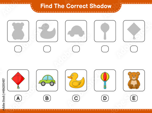 Find the correct shadow. Find and match the correct shadow of Kite, Car, Baby Rattle, Rubber Duck, and Teddy Bear. Educational children game, printable worksheet, vector illustration