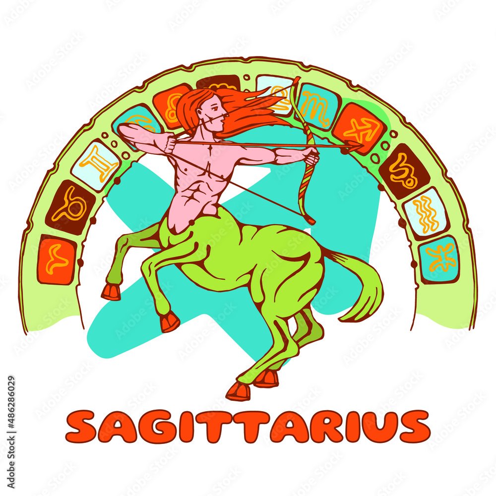 constellation Sagittarius. Centaur with a bow on the background of a semicircular arch with zodiac symbols. Colorful vector illustration