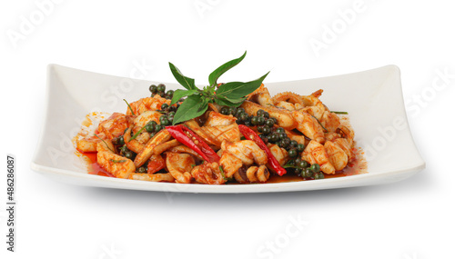 Stir fried holy basil with octopus or squid and herb - Asian food style, Spicy seafood stir fried with Thai herb.