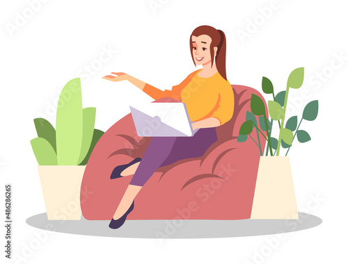 Cozy working environment semi flat RGB color vector illustration. Mass media occupation. Girl with laptop sitting on bean bag chair isolated cartoon character on white background