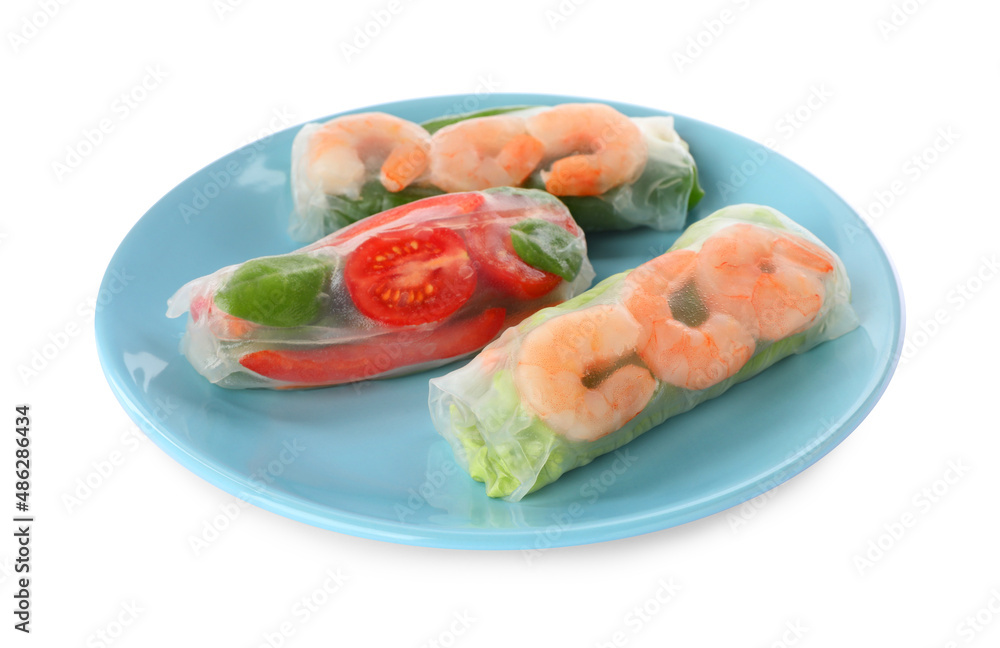 Plate of spring rolls wrapped in rice paper isolated on white