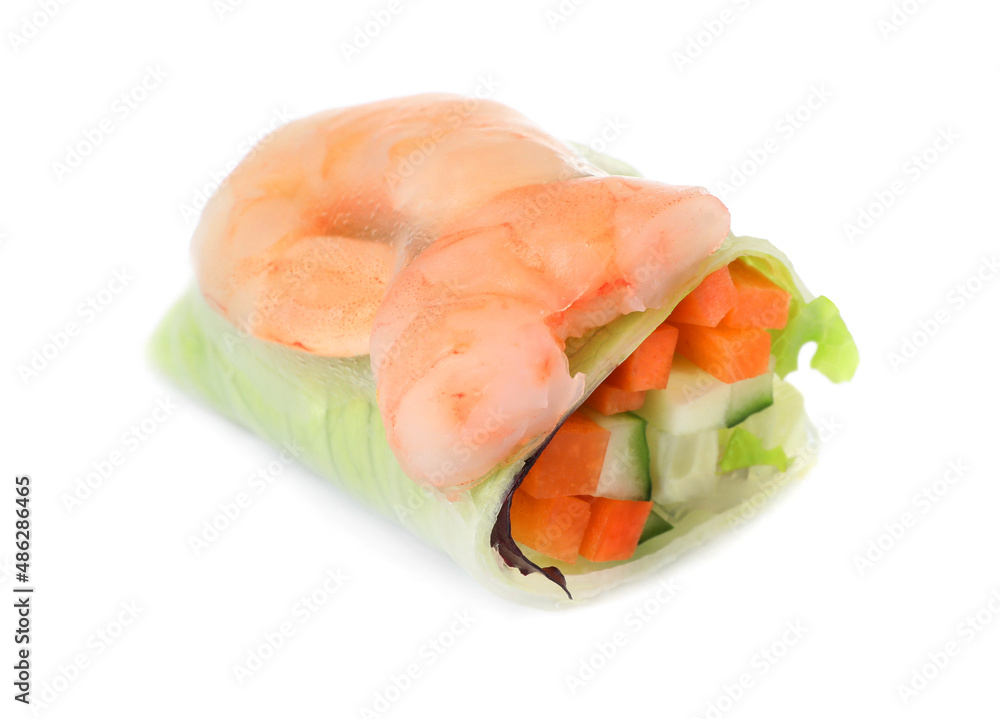 Cut spring roll with shrimps wrapped in rice paper isolated on white Cut spring roll with shrimps wrapped in rice paper isolated on white