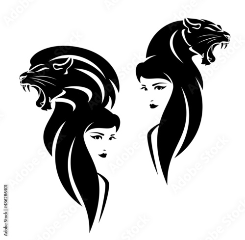 beautiful woman with long hair and roaring wild african lion and lioness head - black and white vector portrait of girl and big cat