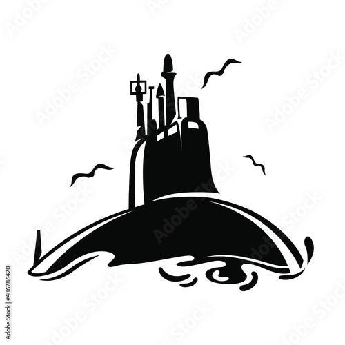 Silhouette of a submarine with seagulls. Vector illustration