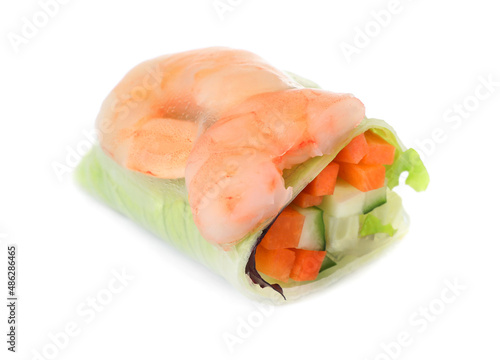 Cut spring roll with shrimps wrapped in rice paper isolated on white