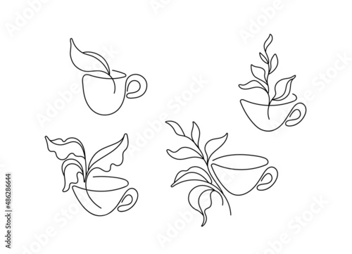 Tea set. Linear abstract symbol. Art leaves, cup