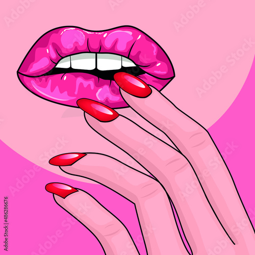 open mouth of the girl with fingers near the lips. Bright glossy lipstick. Manicure with red nails. Beauty saloon. Vector illustration
