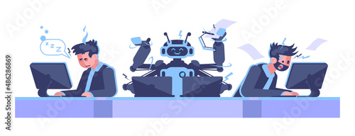 Robots more productive than human workers semi flat RGB color vector illustration. Working environment isolated cartoon characters on white background