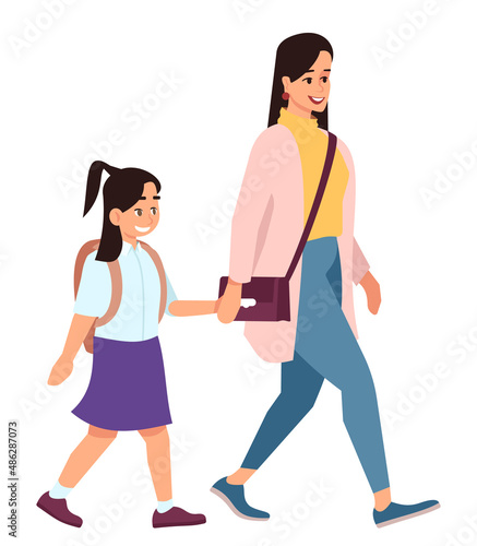 Accompany kid to school semi flat RGB color vector illustration. Smiling mother and preteen daughter going to school isolated cartoon characters on white background