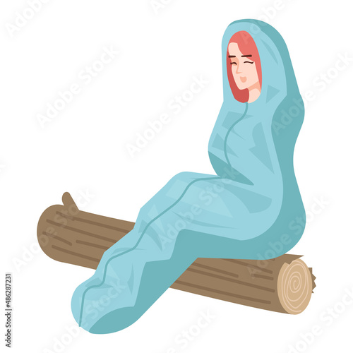 Overnight camper semi flat RGB color vector illustration. Cheerful girl in sleeping bag for camping isolated cartoon character on white background
