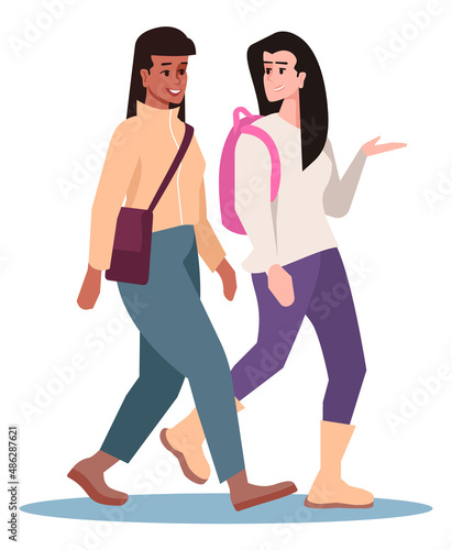 Meet-up semi flat RGB color vector illustration. Female friends walking together and chatting isolated cartoon characters on white background
