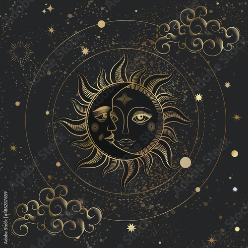 Bohemian hand drawing, golden engraving stylization Sun and crescent moon face. Design for astrology, tarot. Vector illustration