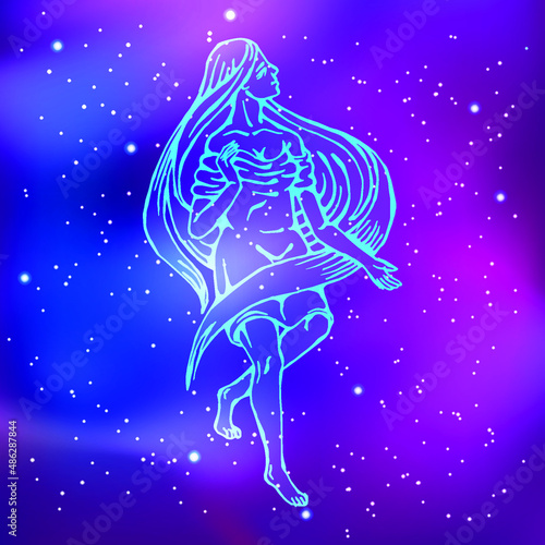 constellation virgo. Girl in antique clothes. Minimalistic pattern with glowing lines. Vector illustration