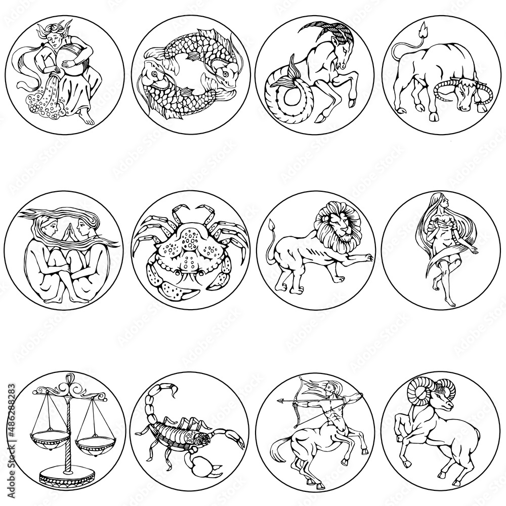 Zodiac signs set. Linear illustrations of animals and symbols. The nature and essence of a person by date of birth and the influence of the planets. Vector