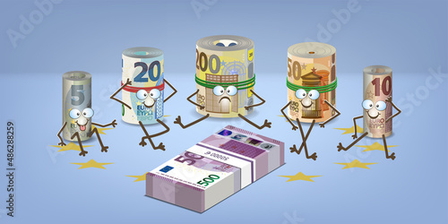 Bild auf Leinwand Funny sitting cartoon big-eyed 3d banknotes of the European Union, twisted into rolls