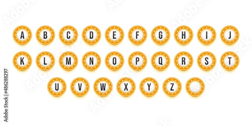 Alphabet signs with golden frame and light bulbs. Constructor for cinema or theater signage. Vector illustration