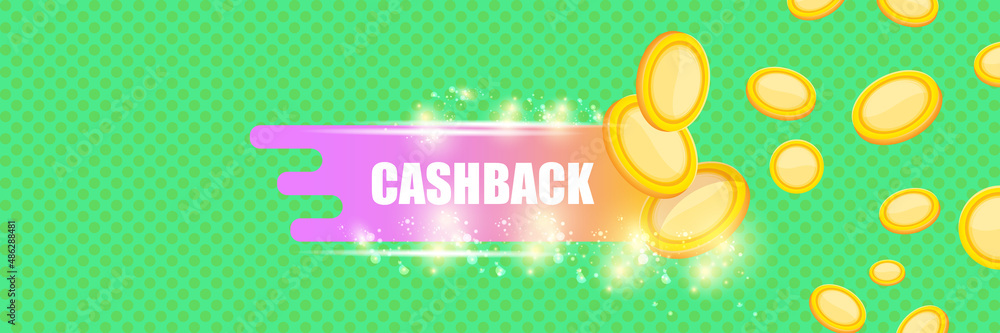 vector cash back horizontal banner design template with cash back icon and coins isolated on mint green background. cashback or money refund label horizontal banner