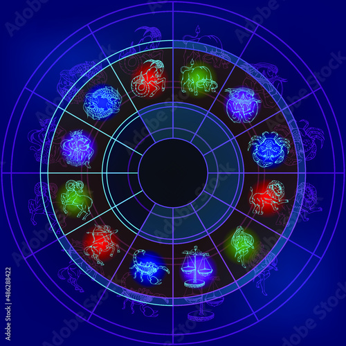 Glowing zodiac circle. Neon horoscope outline signs. The designation of the elements. Vector illustration