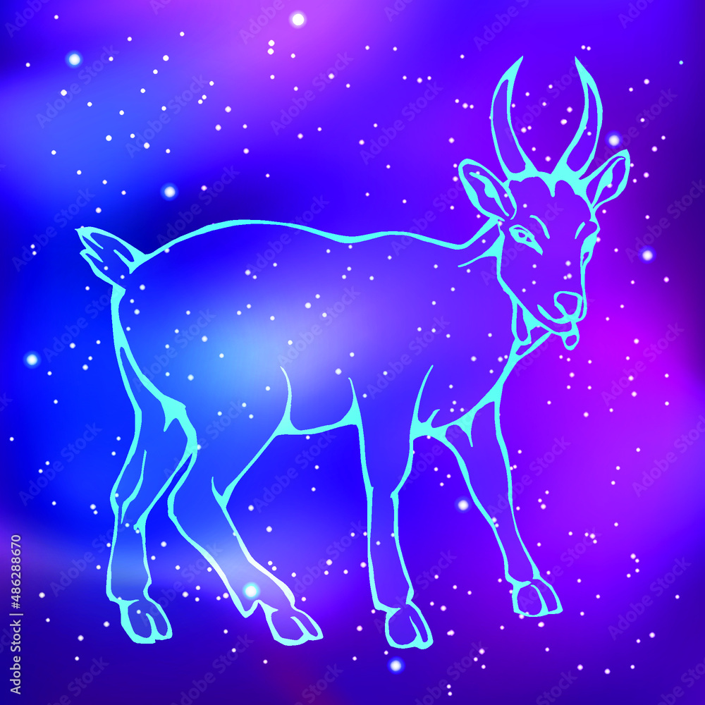 Eastern horoscope. Neon silhouette of a goat against the background of the starry sky. Zodiac animals. Vector illustration