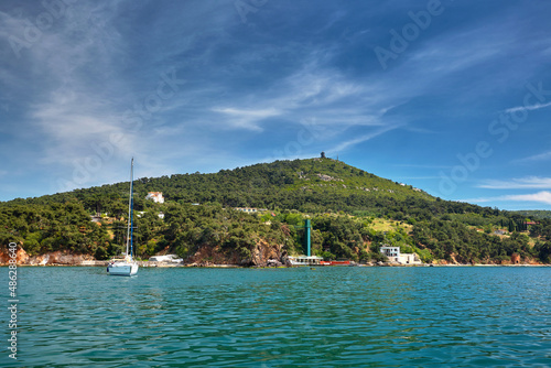 White Yacht in the sea near the island. Travel to Buyukada, Adalar, Prince Islands, Istanbul, Turkey