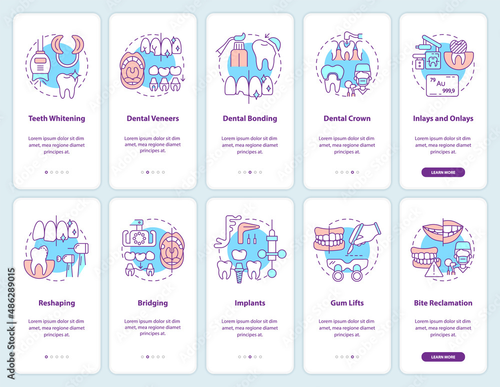 Stomatology onboarding mobile app screen set. Dental veneers. Reshaping walkthrough 5 steps graphic instructions pages with linear concepts. UI, UX, GUI template. Myriad Pro-Bold, Regular fonts used