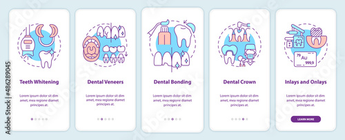 Cosmetic dentistry types onboarding mobile app screen. Teeth whitening walkthrough 5 steps graphic instructions pages with linear concepts. UI, UX, GUI template. Myriad Pro-Bold, Regular fonts used