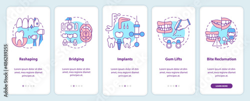Cosmetic dentistry procedures onboarding mobile app screen. Gum lifts walkthrough 5 steps graphic instructions pages with linear concepts. UI, UX, GUI template. Myriad Pro-Bold, Regular fonts used