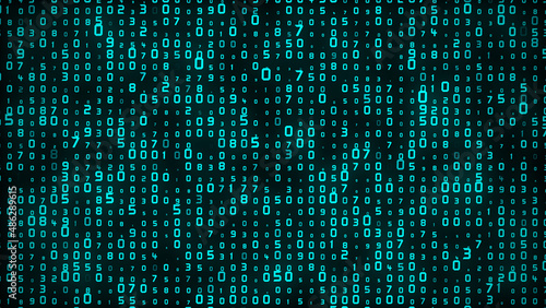 Turquoise numbers background. Big data digital stream. Binary matrix number technology futuristic concept. Hex code flow. Display modern programming. 3d rendering