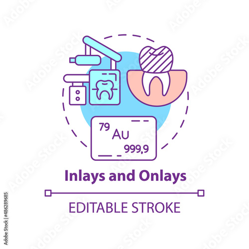 Inlays and onlays concept icon. Aesthetic dentistry type abstract idea thin line illustration. Indirect teeth restoration. Isolated outline drawing. Editable stroke. Arial, Myriad Pro-Bold fonts used
