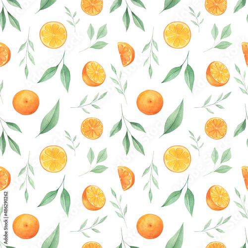 Orange watercolor citrus seamless pattern isolated on white background. Perfect for fabric, print, covers. Summer citrus digital paper.