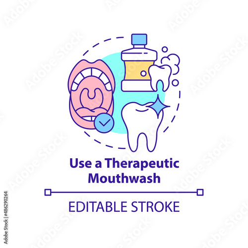 Use therapeutic mouthwash concept icon. Periodontitis prevention abstract idea thin line illustration. Reducing bacteria. Isolated outline drawing. Editable stroke. Arial, Myriad Pro-Bold fonts used