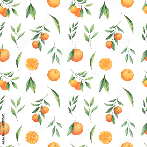 Orange watercolor citrus seamless pattern isolated on white background. Perfect for fabric, print, covers. Summer citrus digital paper.