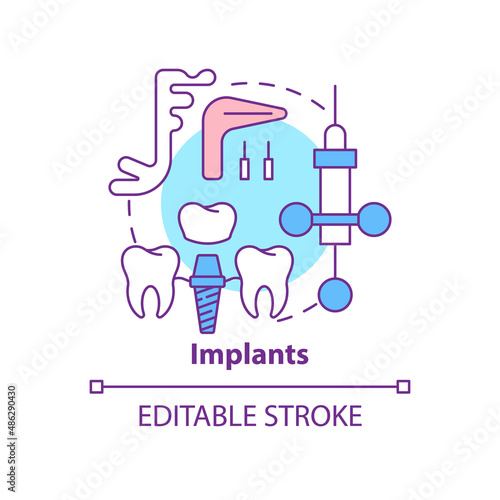 Implants concept icon. Cosmetic enhancement procedure abstract idea thin line illustration. Replacing missing teeth. Isolated outline drawing. Editable stroke. Arial, Myriad Pro-Bold fonts used