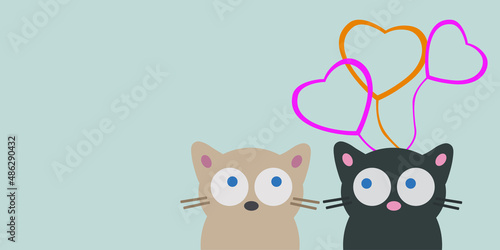 Hand drawn Valentines day card with cute cats with hearts, space for text. Meow you. Isolated on bright blue background. Design concept for kids card.