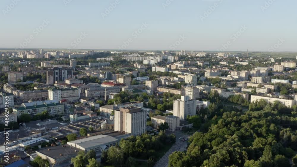 Rivne, Ukraine, June 6, 2020: Shooting flying drone in the day over the city apartment buildings parks trees beautiful wide landscape Rivne, Ukraine, June 6, 2020: Shooting flying drone in the day over the city apartment buildings parks trees beautiful wide landscape