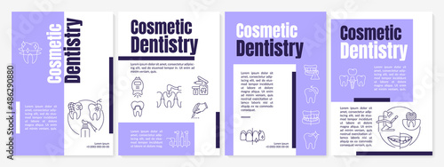 Cosmetic dental procedures purple brochure template. Enhancing teeth appearance. Leaflet design with linear icons. 4 vector layouts for presentation, annual reports. Anton, Lato-Regular fonts used