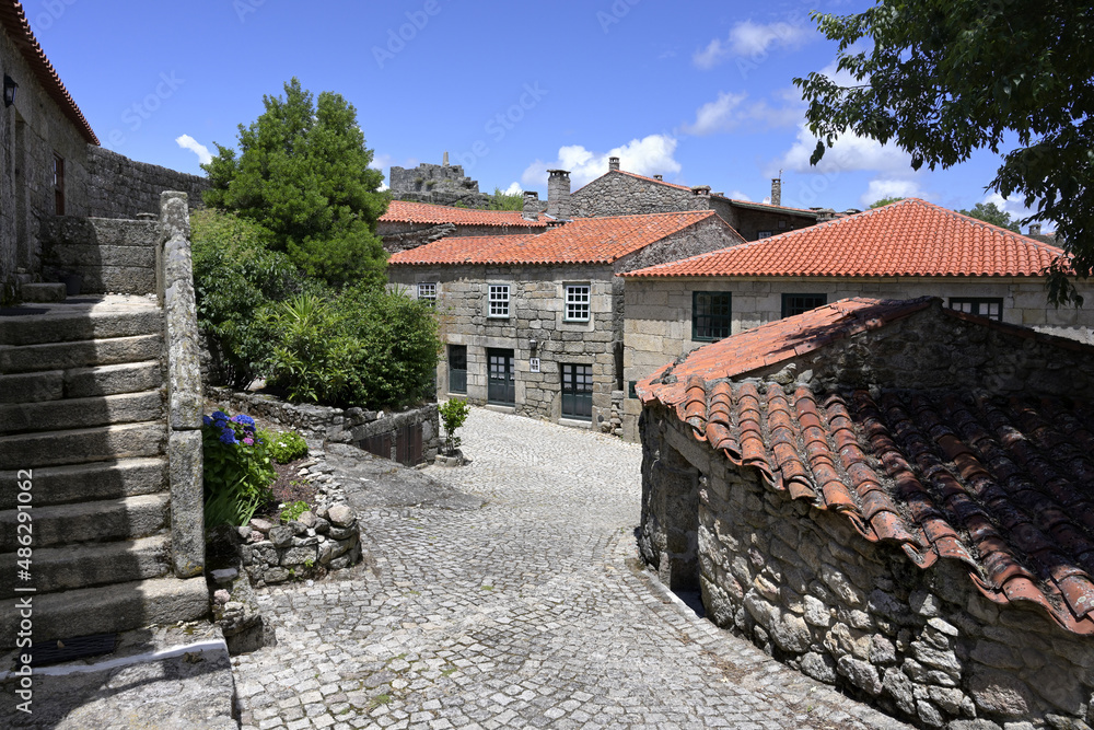 Narrow cobbled street in the medieval mountain village of Sortelha, Serra da Estrela, Beira Alta, Portugal