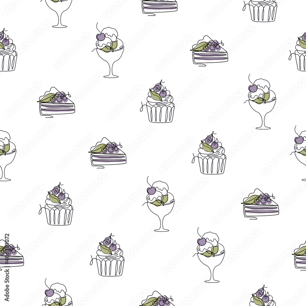 Seamless pattern with line art style desserts - cake, pie, ice cream. Vector texture on white background. Cute minimalistic illustration for fabric, textile, wrapping, scrapbooking.