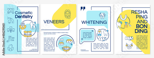 Cosmetic teeth procedures blue and yellow brochure template. Install veneers. Leaflet design with linear icons. 4 vector layouts for presentation, annual reports. Questrial, Lato-Regular fonts used photo