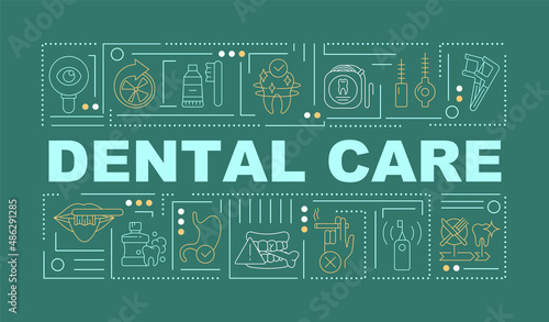 Dental and oral care word concepts dark green banner. Preventative dentistry. Infographics with icons on color background. Isolated typography. Vector illustration with text. Arial-Black font used