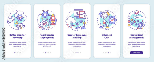 UCaaS advantages onboarding mobile app screen. Technology walkthrough 5 steps graphic instructions pages with linear concepts. UI, UX, GUI template. Myriad Pro-Bold, Regular fonts used